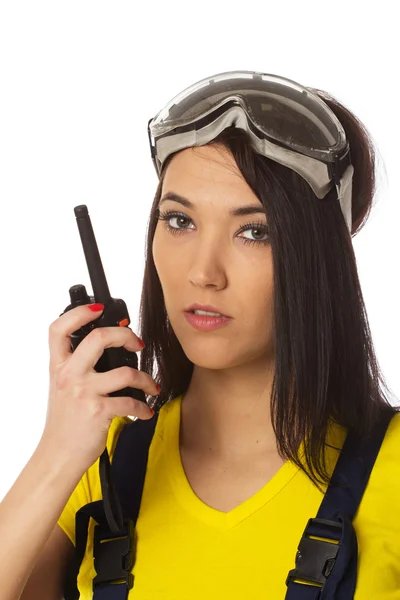 Construction manager with cb radio close up portrait. — Stock Photo, Image