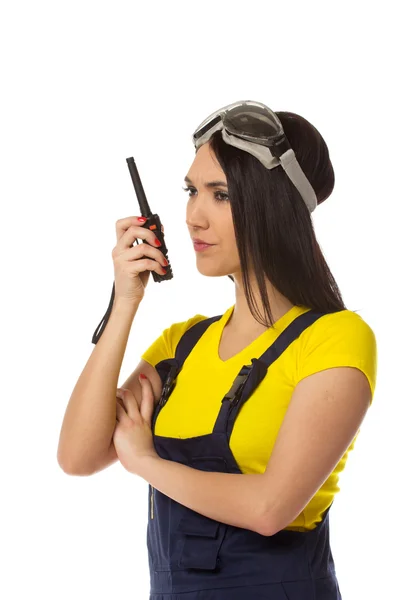 Woman with two cb radio, portrait. — Stock Photo, Image