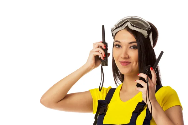 Woman with two cb radio, portrait, isolated on white — Stock Photo, Image