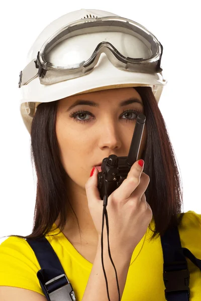 Construction manager with cb radio close up portrait. — Stock Photo, Image