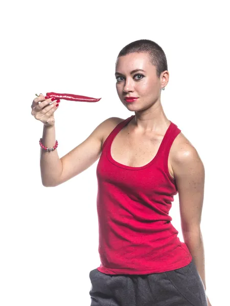 Woman with chili pepper on white background — Stock Photo, Image