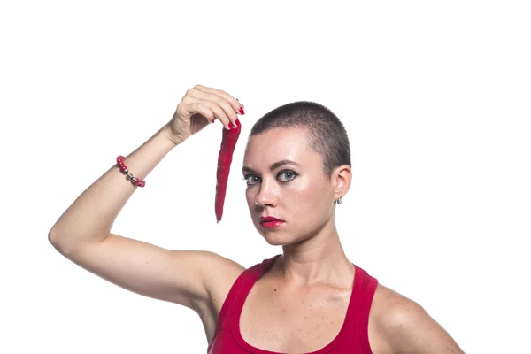 Woman with chili pepper on white background — Stock Photo, Image