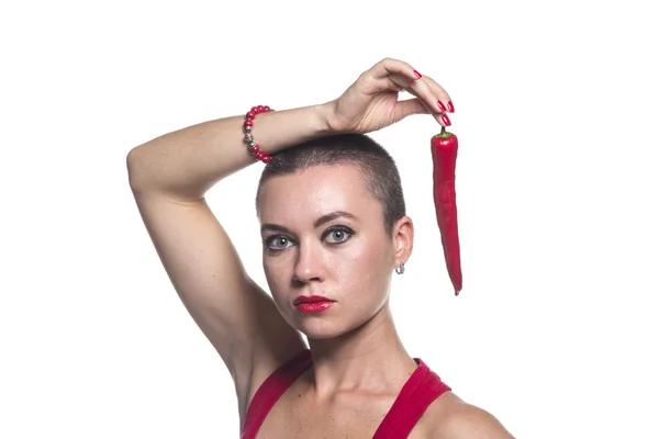 Woman with chili pepper on white background — Stock Photo, Image