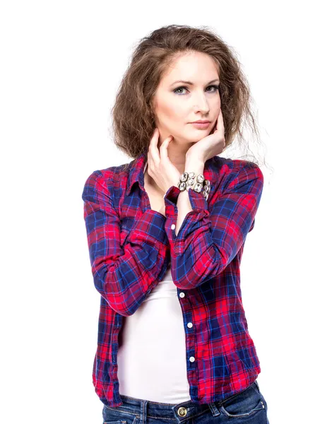 Atractiva joven con camisa a cuadros — Foto de Stock