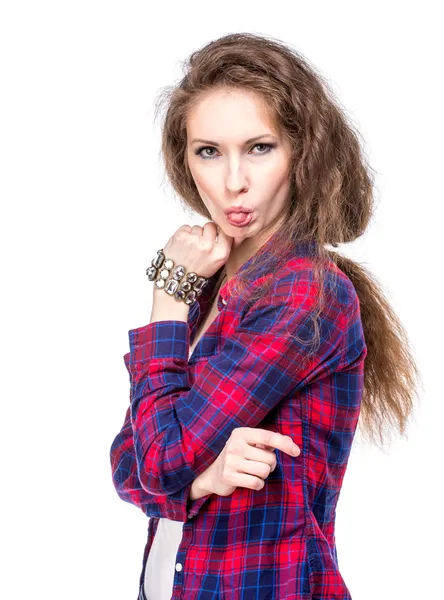Atraktivní mladá žena v kostkované košili — Stock fotografie