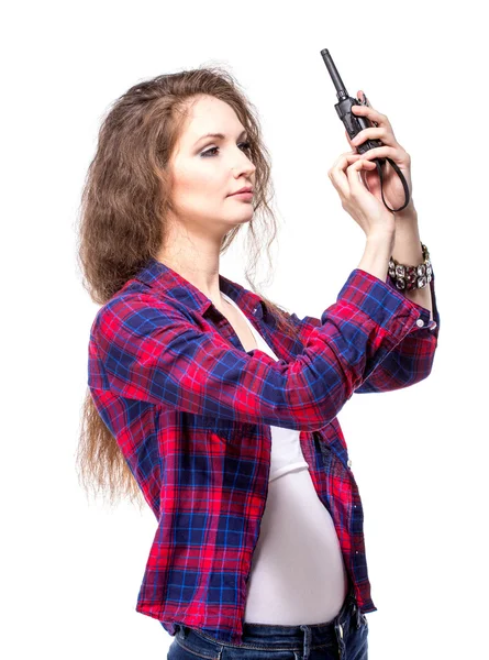Attractive young woman in a checkered shirt with walkie talkie — Stock Photo, Image
