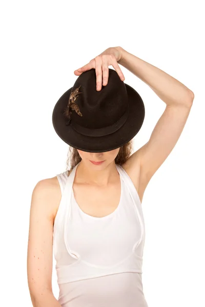 Mujer extraña en sombrero con ojos ocultos —  Fotos de Stock