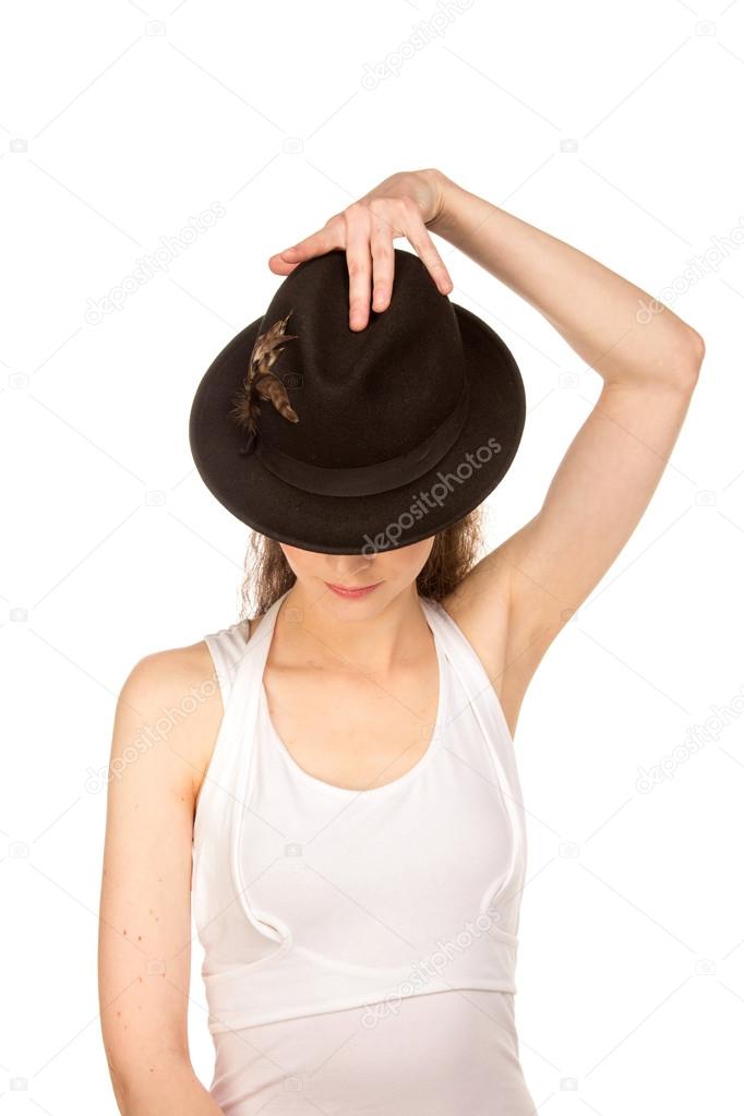 Stranger woman in hat with hidden eyes
