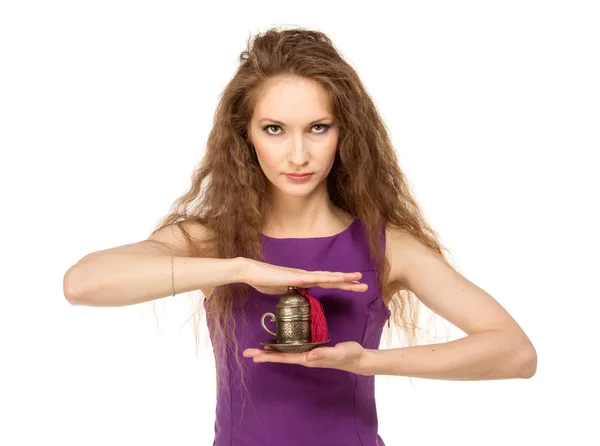 Young happy woman holding a coffee cup isolated — Stock Photo, Image