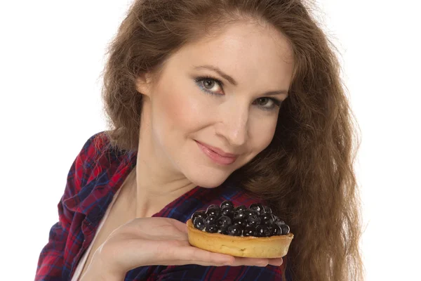 Country stile woman with cake — Stock Photo, Image