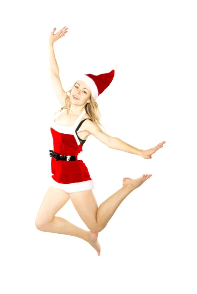 Feliz sorrindo mulher no vermelho xmas traje saltando alto — Fotografia de Stock