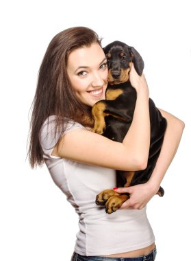 Beyaz arka plan üzerinde izole köpek ile esmer kız