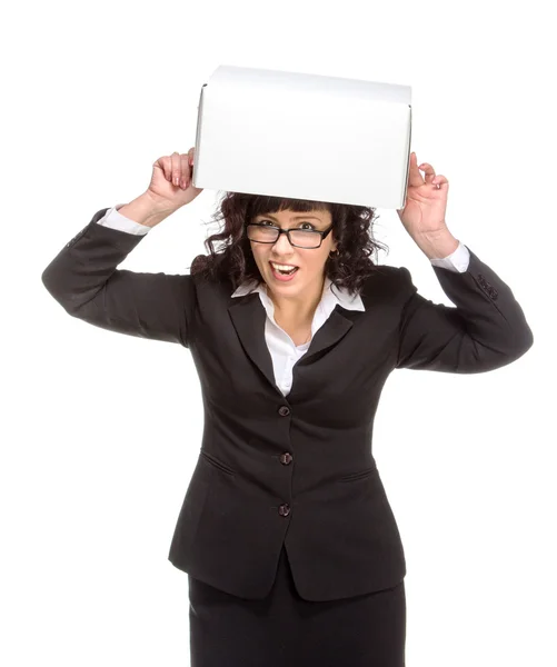 Porträt einer reifen Frau mit Schachtel, Brille, Blick auf c — Stockfoto