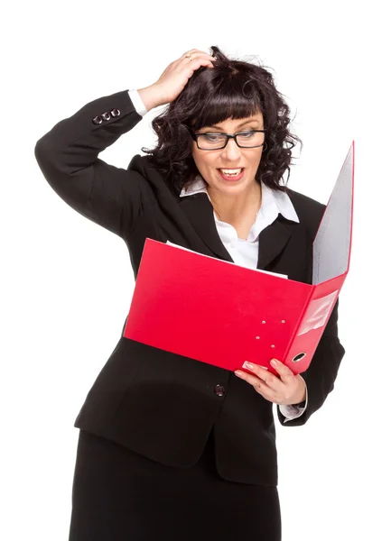 Surprised senior business woman with folder — Stock Photo, Image