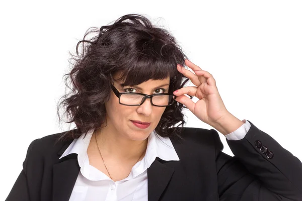 Portrait of mature woman smiling, wearing glasses, looking at ca — Stock Photo, Image