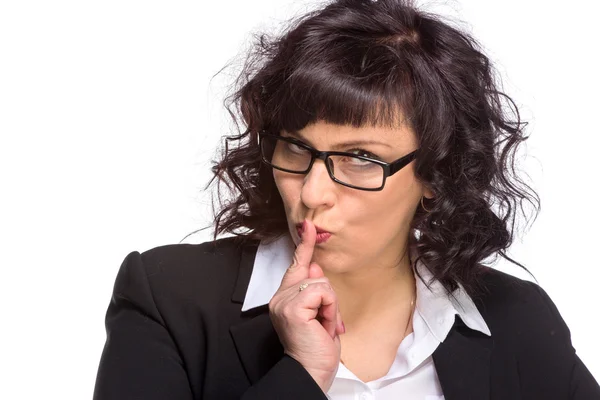 Portrait of mature woman smiling, wearing glasses, looking at ca — Stock Photo, Image