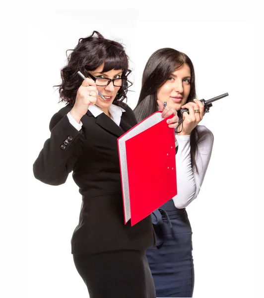 Two business woman with folder and cb radio — Stock Photo, Image