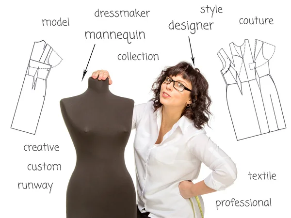 Happy Adult tailor with mannequin on word cloud — Stock Photo, Image