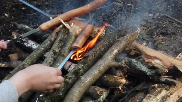 Дитячі руки готують сосиски на вогні — стокове відео
