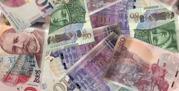 Kolaż Różnych Gruzińskich Banknotów Lari Waluta Gruzińska — Zdjęcie stockowe