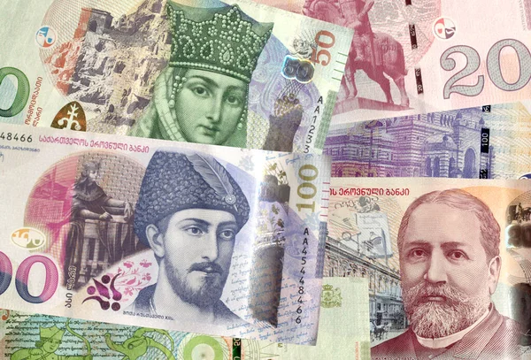 Gerorgian Lari Banknotlarının Kolajı Gürcistan Para Birimi — Stok fotoğraf