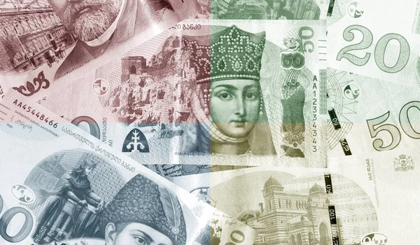 Collage Various Gerorgian Lari Banknotes Georgian Currency — Stock Photo, Image