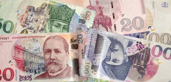 Gerorgian Lari Banknotlarının Kolajı Gürcistan Para Birimi — Stok fotoğraf