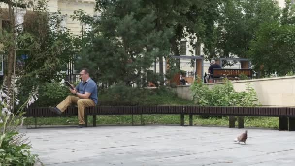 Dorosły Size Man Czytanie Tabletu Cyfrowego Parku Duża Ławka Podwórku — Wideo stockowe