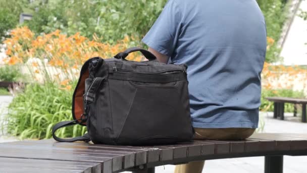 Taschendieb Klaut Smartphone Aus Schwarzer Handtasche Mann Stiehlt Auf Parkbank — Stockvideo