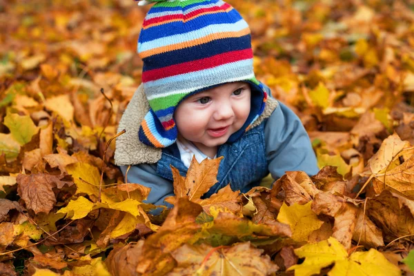 Babyjongen in herfst bladeren — Stockfoto