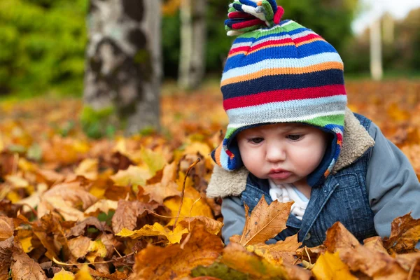 Babyjongen in herfst bladeren — Stockfoto