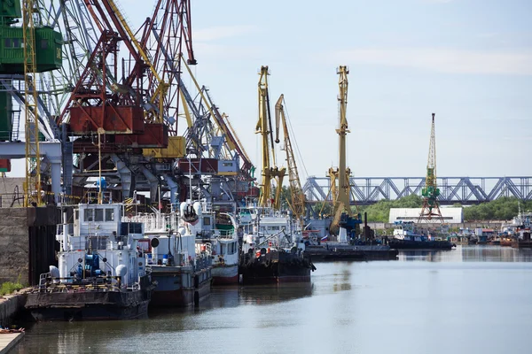 River docks with cranes and ships. — Stock Photo, Image