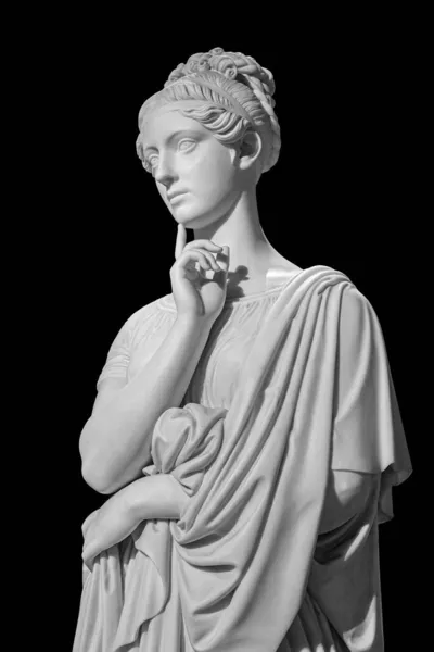 Gypsum copy of ancient statue of thinking young lady isolated on black background. Side view of plaster sculpture woman face — Stock Photo, Image