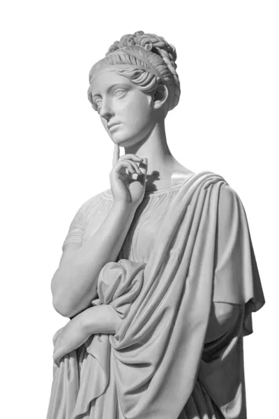 白い背景に隔離された若い女性を考えての古代の像の石膏のコピー。石膏彫刻女性の顔の側面図 — ストック写真