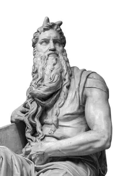 Εικόνα του βιβλικού προφήτη Μωυσή που απομονώθηκε σε λευκό φόντο. Γλυπτική Michelangelo στον τάφο του Πάπα Ιουλίου ΙΙ — Φωτογραφία Αρχείου
