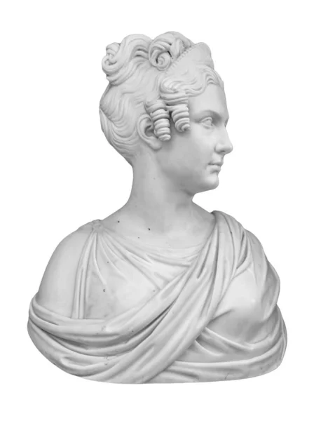 하얀 배경에 고립되어 있는 생각하는 젊은 여자의 고대 형상의 석고 복제품. 석고 조각품의 측면 모습 — 스톡 사진