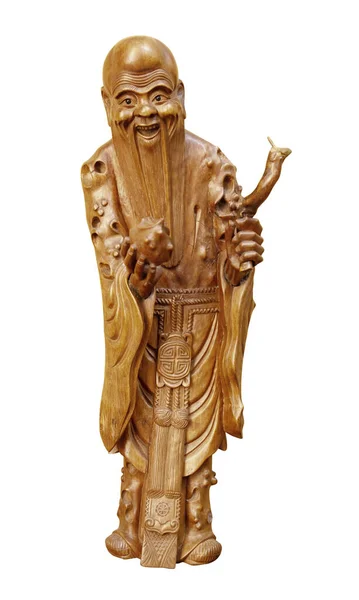 Wood statue of japan lucky god, God of prolonging life longevity Fukurokuju isolated on white background 免版税图库照片