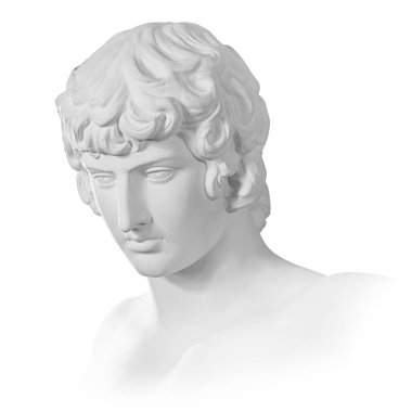 Gypsum copy of famous ancient statue Antinous bust isolated on a white background with clipping path. Plaster antique sculpture young man face. Renaissance epoch. Portrait clipart