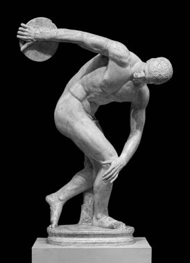 Discus thrower discobolus statue. A part of the ancient Olymp games. A Roman copy of the lost bronze Greek sculpture. Isolated on black background clipart