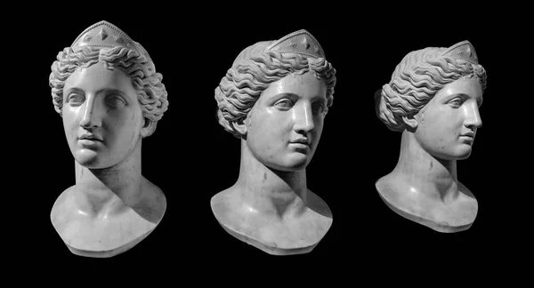 Antique bust of a woman with a diadem on her head. Three angles of rotation. Statue of Athena isolated on black background — Stock Fotó