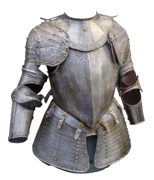 Medieval knight suit of armor protection isolated on white background with clipping path. Ancient steel metal armour — Fotografia de Stock