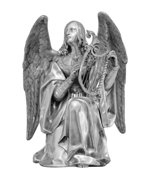 Estatua de ángel aislada sobre fondo blanco. Escultura de piedra blanca de querubín de oración —  Fotos de Stock
