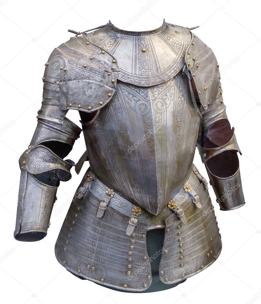 Traje caballero medieval de protección de armadura aislado sobre fondo