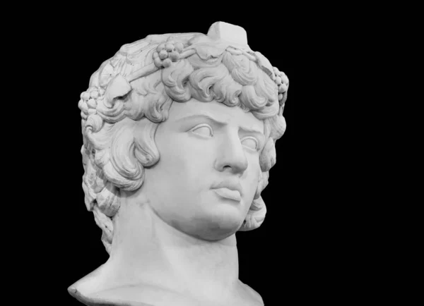 Gipsz másolata híres ősi szobor Antinous fej elszigetelt fekete háttérrel. Gipsz antik szobor fiatal férfi arcát. Reneszánsz kor. Portré — Stock Fotó