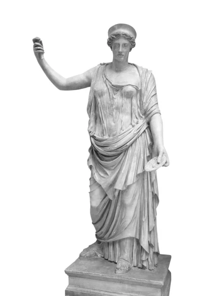 Estatua de la diosa griega Hera o la diosa romana Juno aislada en blanco con camino de recorte. Diosa de las mujeres, el matrimonio, la familia y el parto. Escultura antigua — Foto de Stock