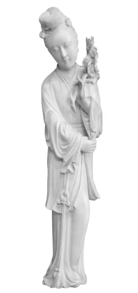 Фігурка Ґейші в національній сукні, традиційне волосся кімоно, фанат у її руці. Сувенірна лялька, ізольована на білому тлі з відсічним контуром — стокове фото
