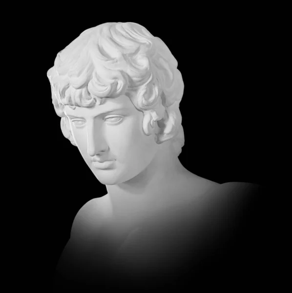 Gypsum copy of famous ancient statue Antinous bust isolated on a black background with clipping path. Plaster antique sculpture young man face. Renaissance epoch. Portrait Royaltyfria Stockbilder