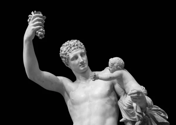 Ancient Greek sculpture of Hermes and the infant Dionysus discovered in 1877 in the ruins of the Temple of Hera isolated on black background with clipping path — Stock Photo, Image