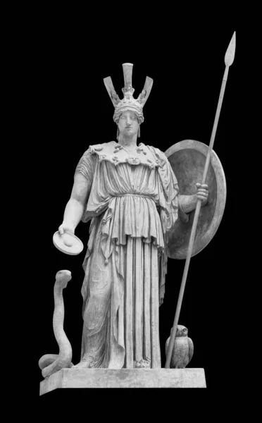 Ancient Greek Roman Statue der Göttin Athena Gott der Weisheit und die kunsthistorische Skulptur isoliert auf schwarz mit Clipping Pfad — Stockfoto