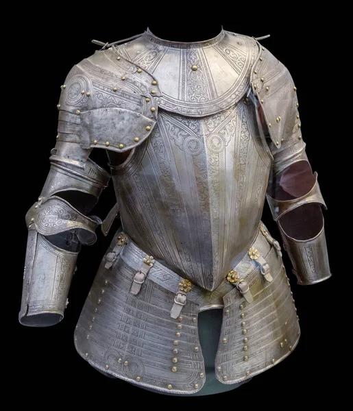 Medieval knight suit of armor protection isolated on black background with clipping path. Ancient steel metal armour — Stock Photo, Image